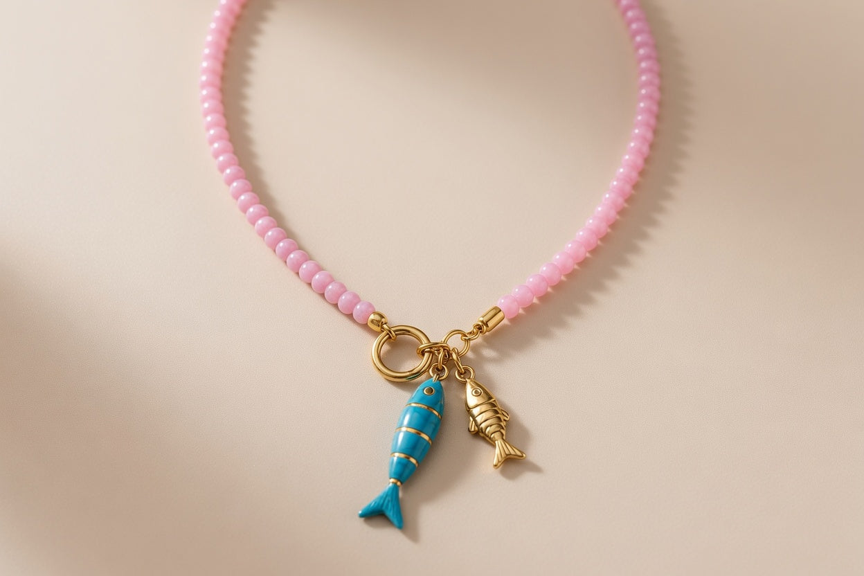 Pink Bead Necklace with Dual Fish Charms
