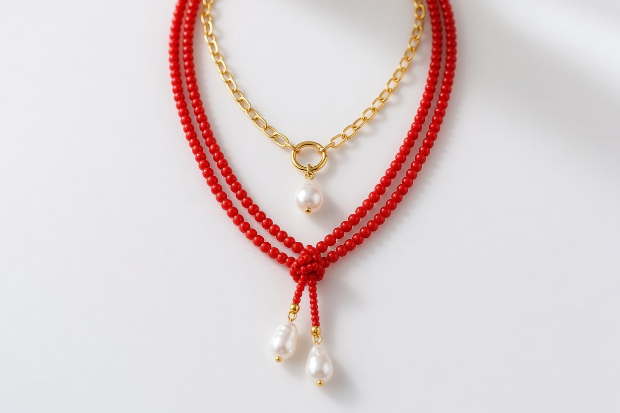 Red Beaded Layered Necklace with Pearl Drops